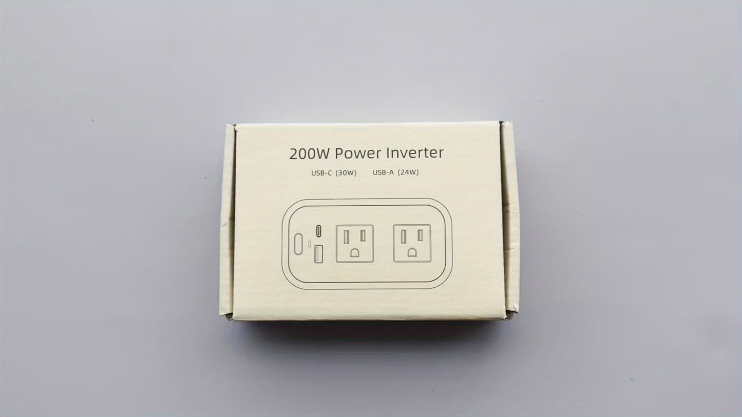 Car Plug Inverter 200W DC 12V to AC 110V with 30W PD Fast Charging QC3.0 24W USB-C Outlet Adapter for Laptop Computer Phone Tablet Vehicle Travel Road Trip