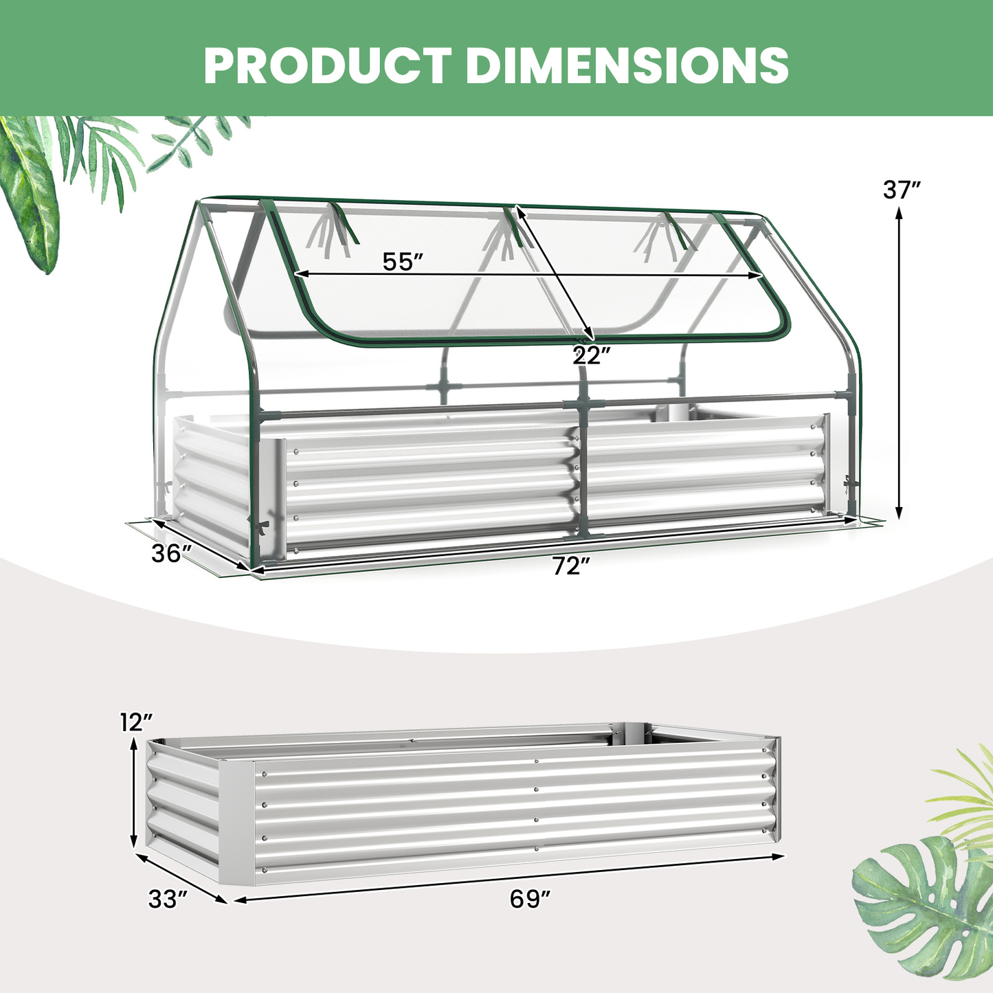 Raised Garden Bed with Greenhouse Cover 3-in-1, Metal Planter Box 71"x35.5"x36" with Dual Roll-Up Screen Windows & Open Bottom for Vegetables, Flowers & Herbs