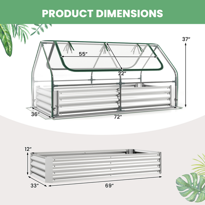 Raised Garden Bed with Greenhouse Cover 3-in-1, Metal Planter Box 71"x35.5"x36" with Dual Roll-Up Screen Windows & Open Bottom for Vegetables, Flowers & Herbs
