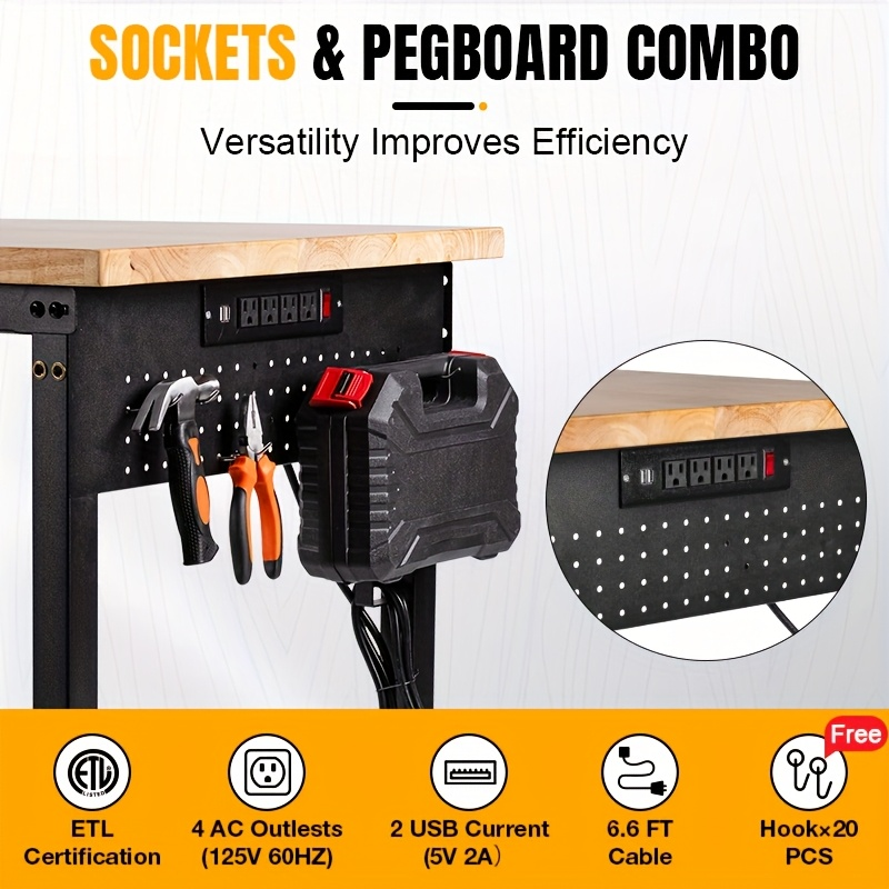 Workbench Heavy Duty Height Adjustable 28-40 Inch 2000 LBS Capacity Steel Frame Rubber Wood Top ETL Power Outlet Pegboard for Garage Workshop Home Office