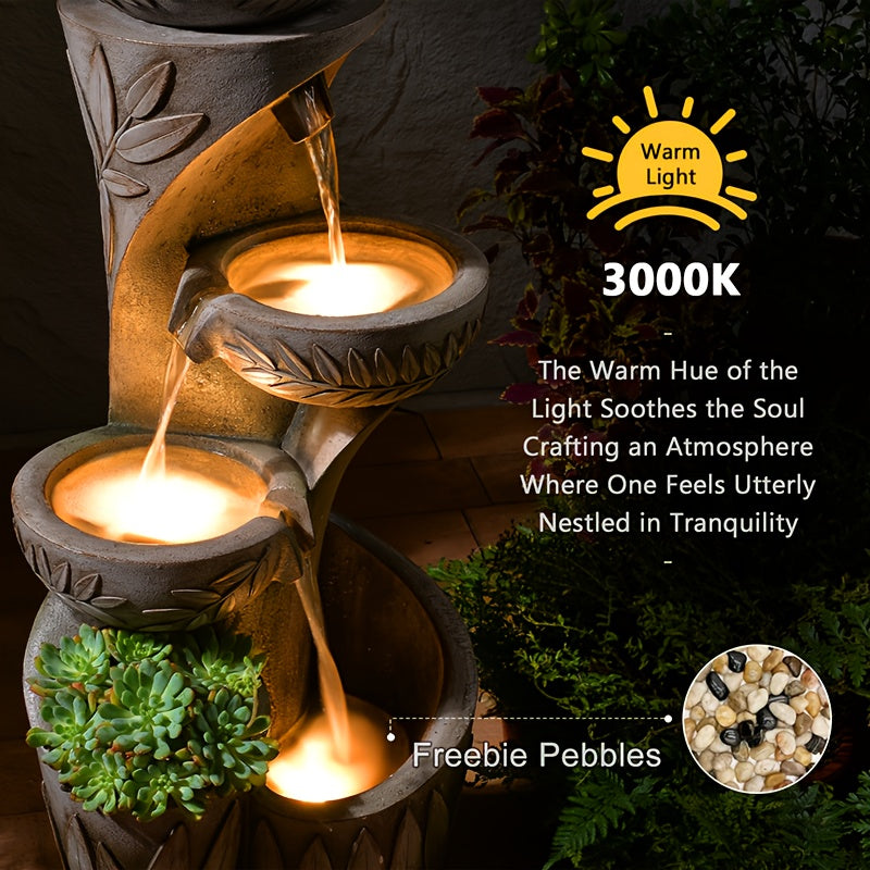 Outdoor Water Fountain 35.6" 4-Tier Solar Cascading Bowls with Lights