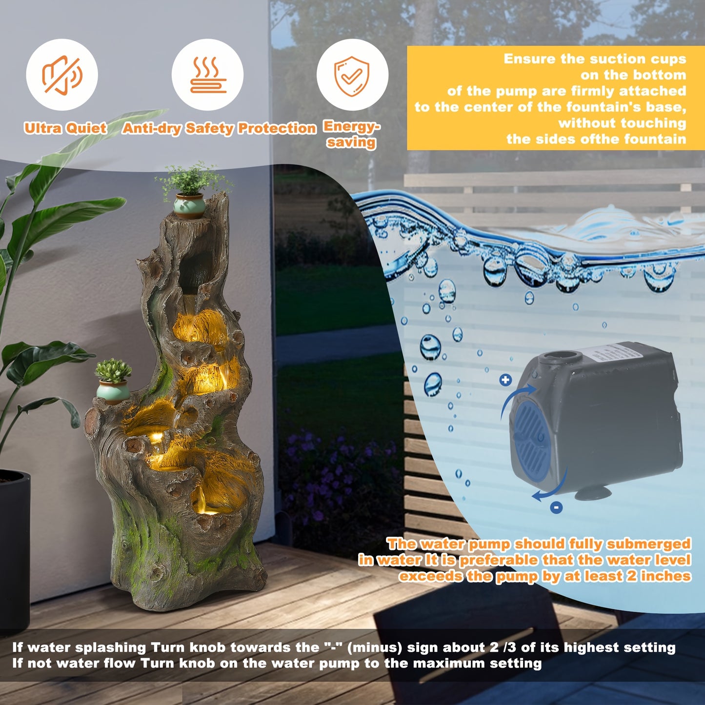 Outdoor Water Fountain 40 Inch 6-Tier Cascading Tree Trunk Waterfall with LED Lights Resin for Garden Patio Yard