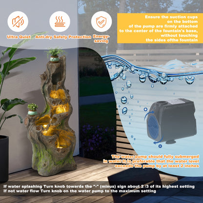 Outdoor Water Fountain 40 Inch 6-Tier Cascading Tree Trunk Waterfall with LED Lights Resin for Garden Patio Yard