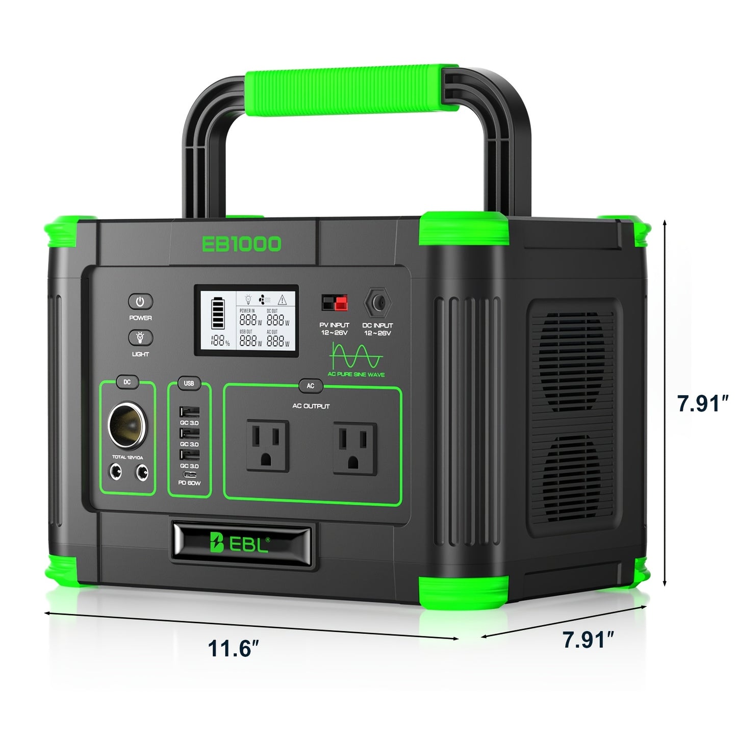 Battery Backup Power Station 1000W 999Wh | 2000W Peak Pure Sine Wave AC 110V PD 60W USB-C Solar Generator | Camping Home Emergency Road Trip