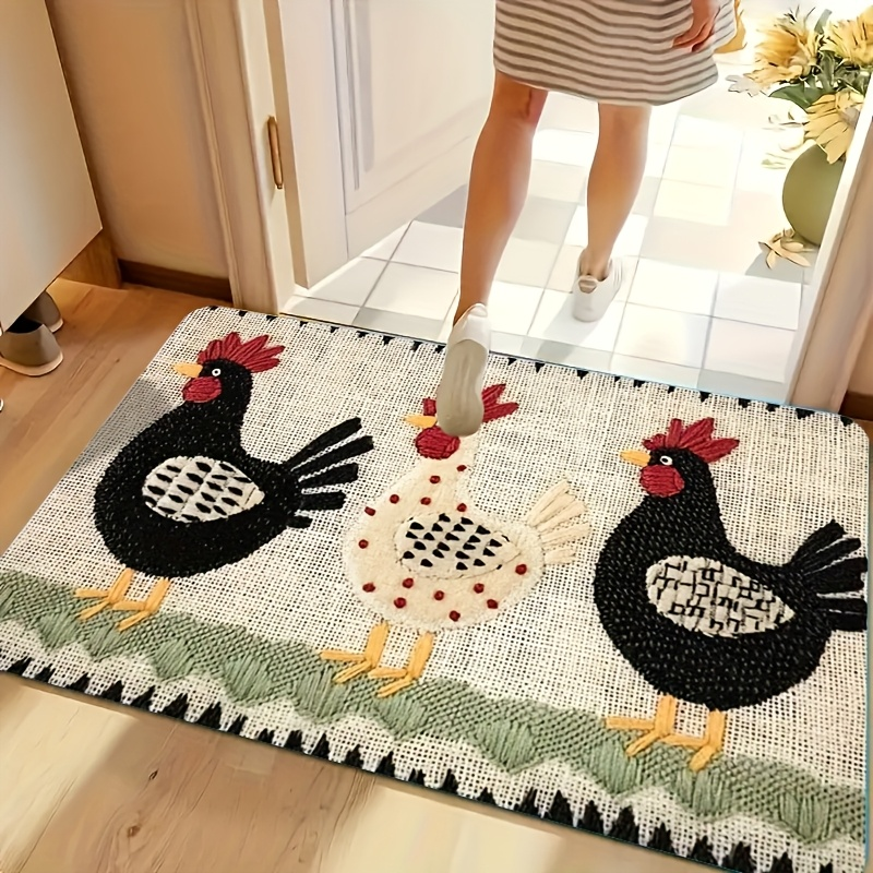 Rooster Embroidered Door Mat Indoor Outdoor Non-Woven Washable Rug for Entryway Bathroom Kitchen Porch Plaid Stripe Pattern