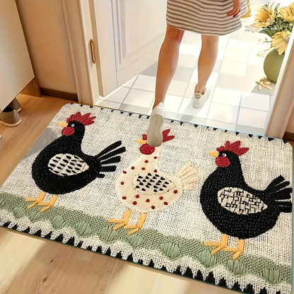 Rooster Embroidered Door Mat Indoor Outdoor Non-Woven Washable Rug for Entryway Bathroom Kitchen Porch Plaid Stripe Pattern