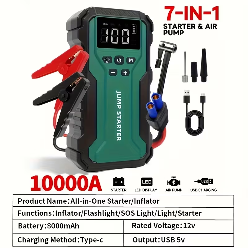 Car Jump Starter 10000A 7-in-1 Portable Battery Booster with Air Pump, Digital Tire Inflator 150PSI, LED Emergency Light for Gas & Diesel Vehicles