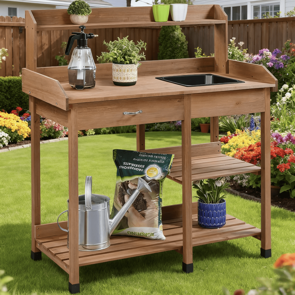 Garden Potting Table 4-Tier with Removable Sink, Adjustable Shelf, Drawer & Side Hooks, Outdoor Planter Stand for Yard Greenhouse in Wood, Brown & Gray