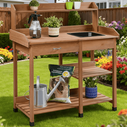 Garden Potting Table 4-Tier with Removable Sink, Adjustable Shelf, Drawer & Side Hooks, Outdoor Planter Stand for Yard Greenhouse in Wood, Brown & Gray