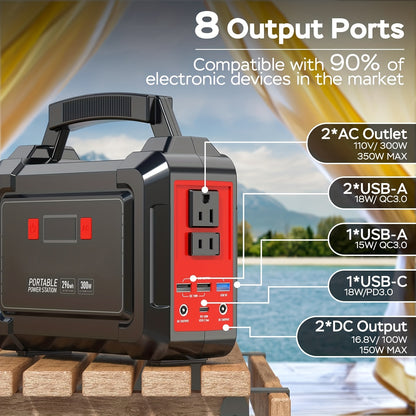 Portable Power Station 300W 296Wh Solar Generator LiFePO4 Battery Backup with AC Outlet USB QC3.0 for Camping RV Travel Home Emergency Outdoor