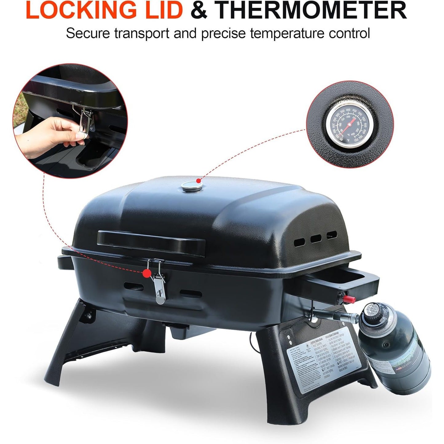 Portable Propane Grill Tabletop, 10000 BTU Single Burner Gas Grill with 239 sq in Porcelain Grates, Foldable Legs, Locking Lid & Built-In Thermometer for Camping, Backyard & Tailgating