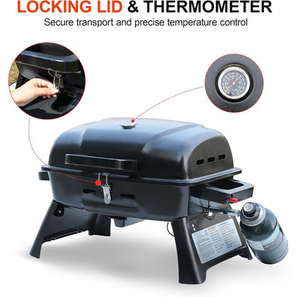 Portable Propane Grill Tabletop, 10000 BTU Single Burner Gas Grill with 239 sq in Porcelain Grates, Foldable Legs, Locking Lid & Built-In Thermometer for Camping, Backyard & Tailgating
