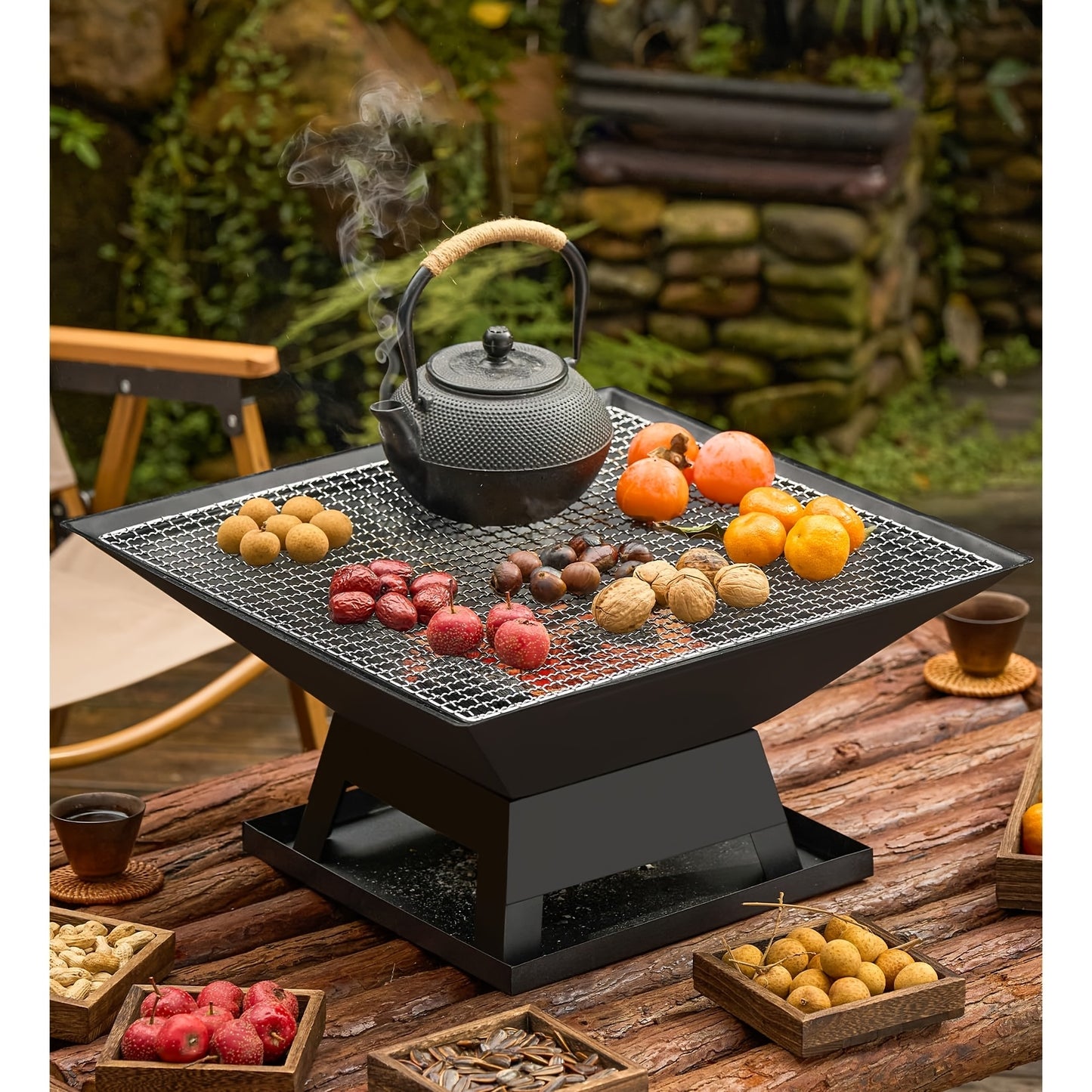 Outdoor Fire Pit 18.5 Inch Heavy Duty BBQ Grill Bowl with Combustion Grate Ash Collector Fireproof Cover Charcoal Hook for Backyard Patio Garden Camping