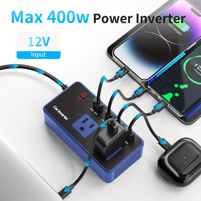 Car Inverter Charger 200W DC 12V to AC 110V with PD 24W USB-C QC 24W Quick Charge Car Plug Adapter US Socket for Vehicle Office Camping Road Trip Travel Blue