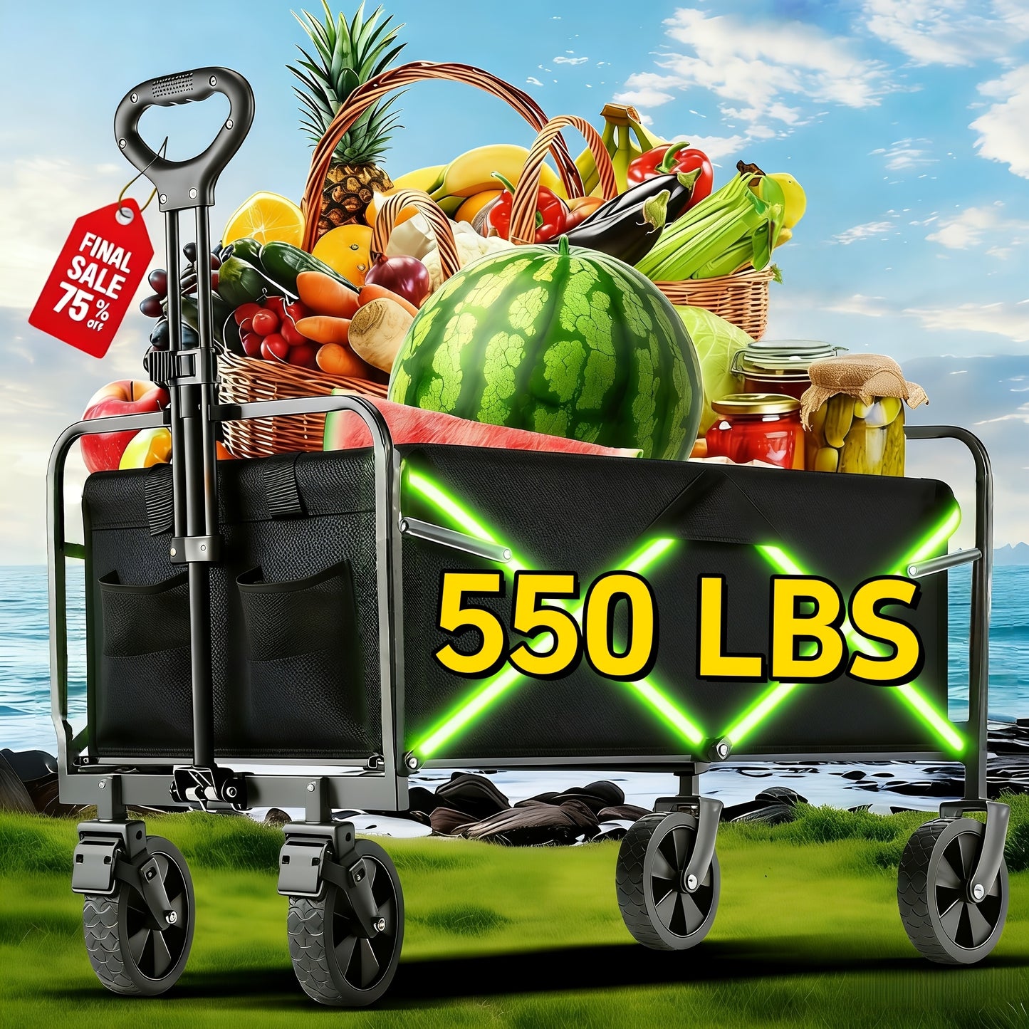 Folding Wagon Heavy Duty | Garden Cart Beach Wagon Camping Utility Outdoor Cart