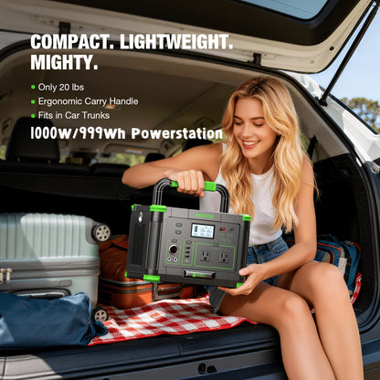 Battery Backup Power Station 1000W 999Wh | 2000W Peak Pure Sine Wave AC 110V PD 60W USB-C Solar Generator | Camping Home Emergency Road Trip