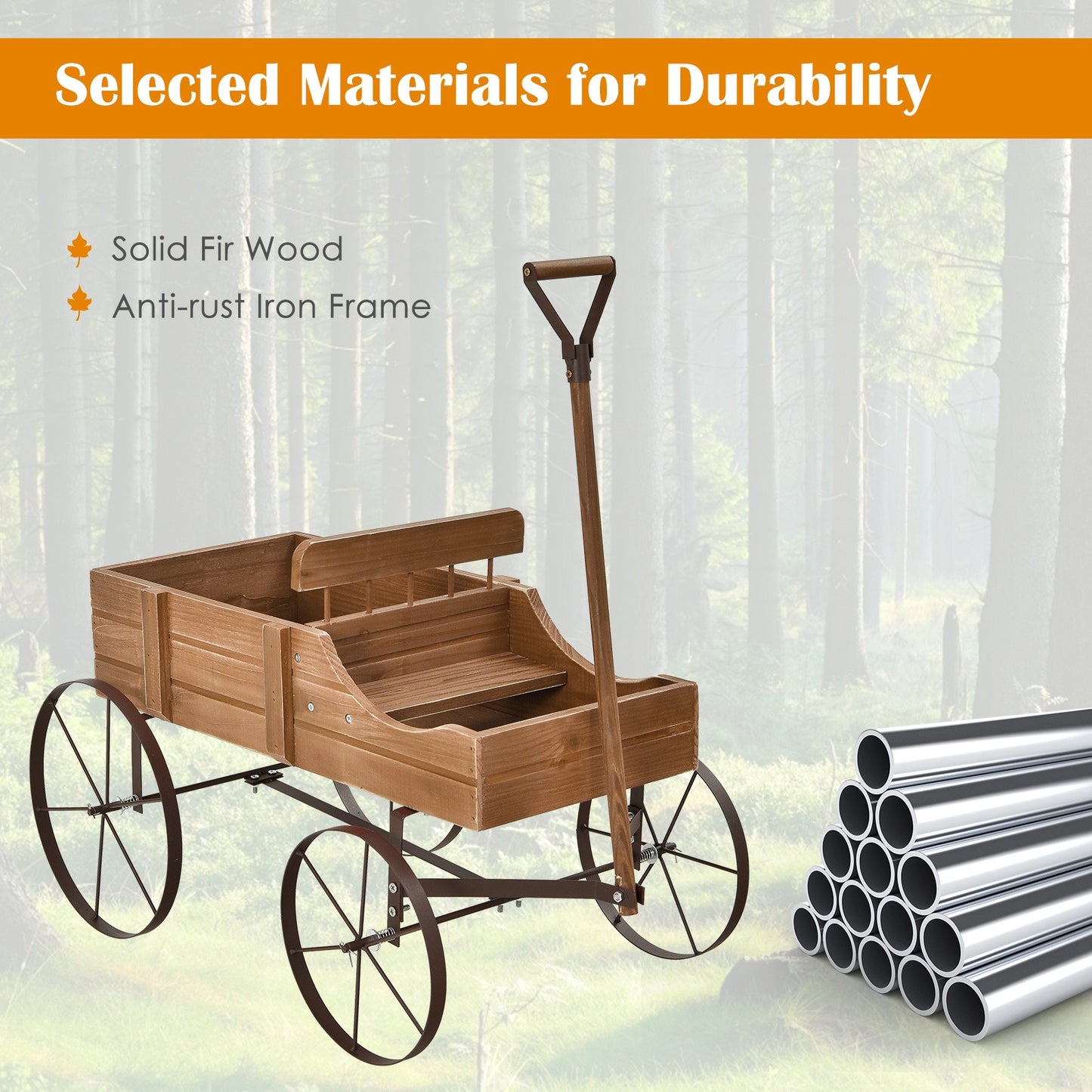 Wooden Flower Stand with 4 Wheels – Rolling Plant Trolley for Garden, Balcony & Terrace
