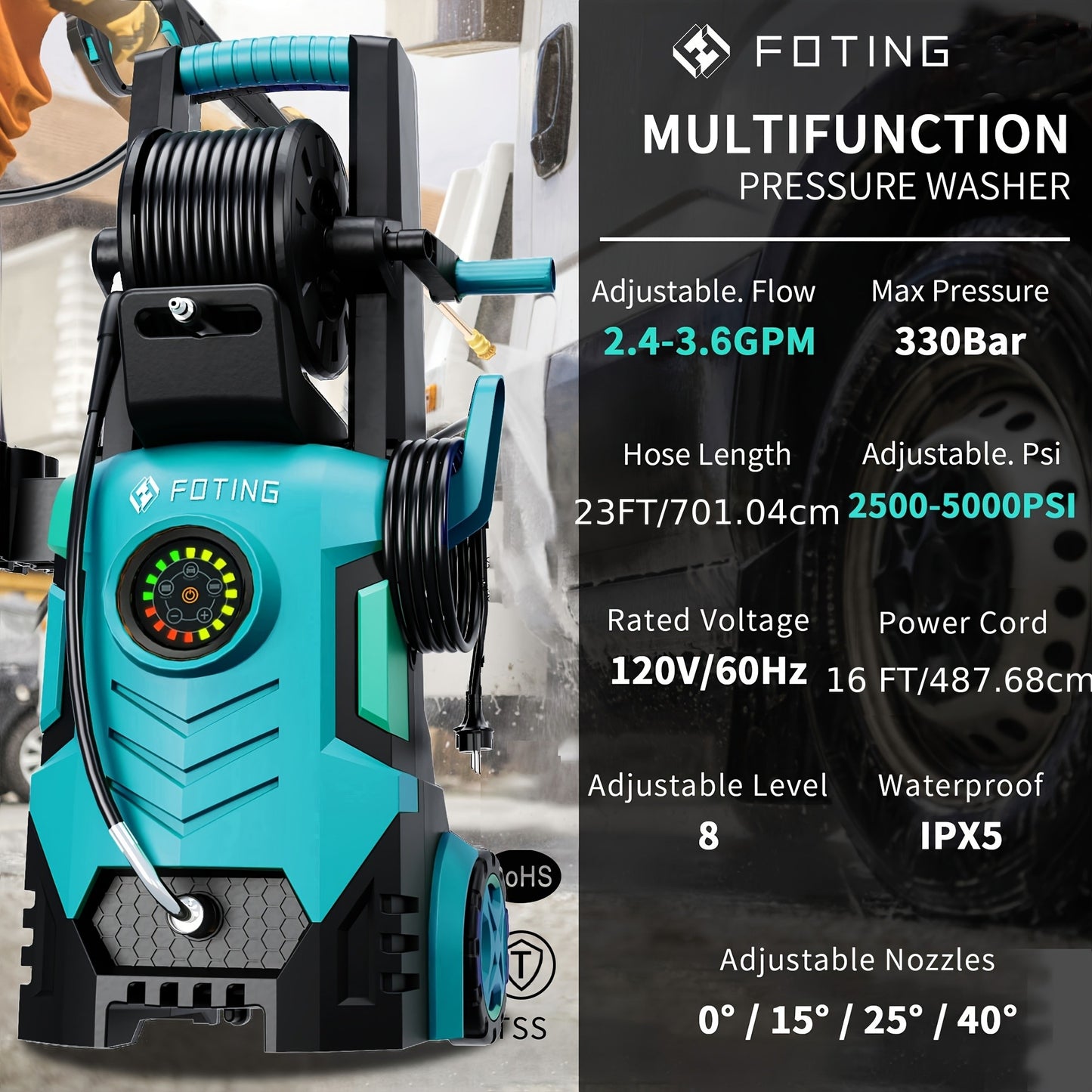 Pressure Washer 5000PSI Electric Power Washer 2.4-3.6GPM Adjustable 8-Level Touch Screen 34" Tall 4 Quick-Connect Nozzles for Cars Fences Driveways Patios