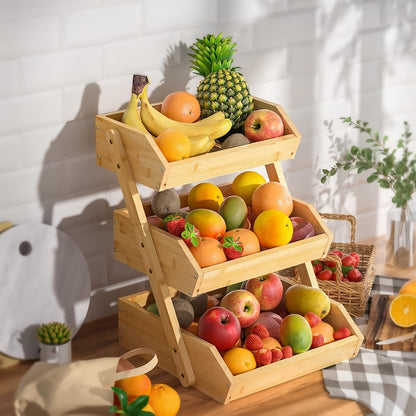 Fruit Basket Stand 2 & 3 Tier Wooden Countertop Organizer Large Capacity Kitchen Storage for Fruits Vegetables Bread Produce with Banana Hooks Natural Wood