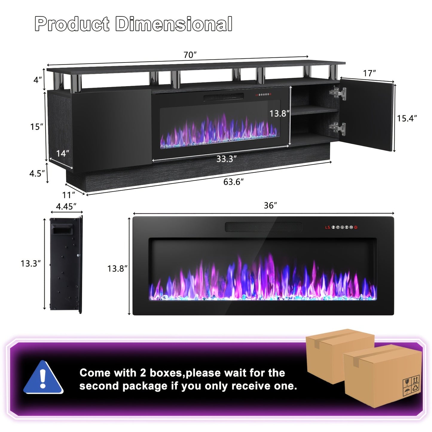 Fireplace TV Stand 70 Inch with 36" Electric Fireplace 2-Tier High Gloss Wood Entertainment Center LED Lights Cabinet Media Console Living Room