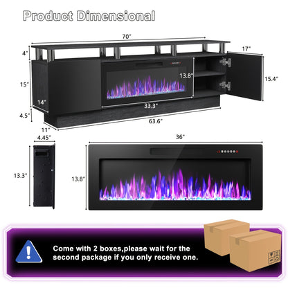 Fireplace TV Stand 70 Inch with 36" Electric Fireplace 2-Tier High Gloss Wood Entertainment Center LED Lights Cabinet Media Console Living Room