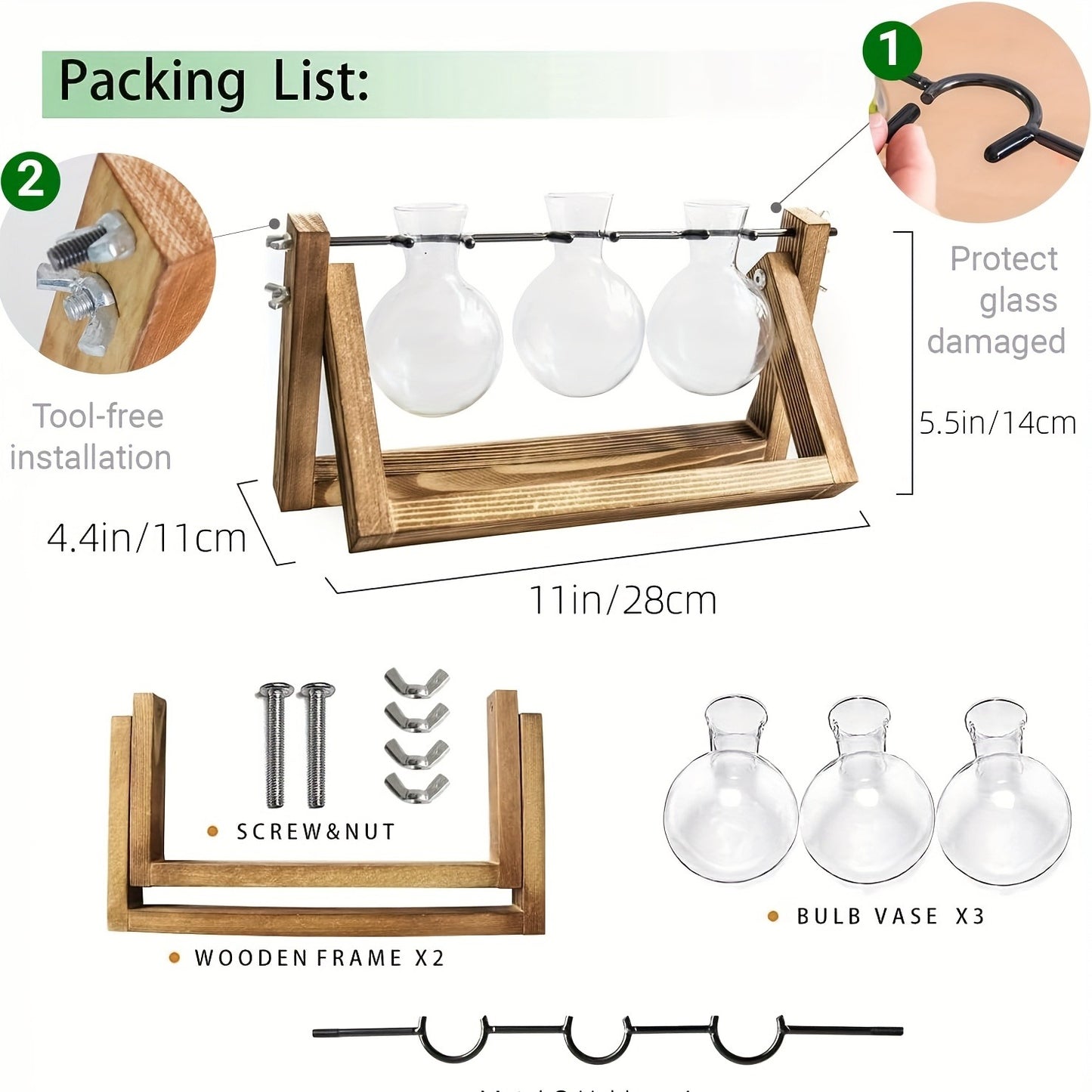 Propagation Station 3 Bulb Glass Vase with Wooden Stand - Hydroponic Plant Terrarium for Home Office Desk Decor, Unique Gardening Gift for Women Plant Lovers, Boho Cottagecore