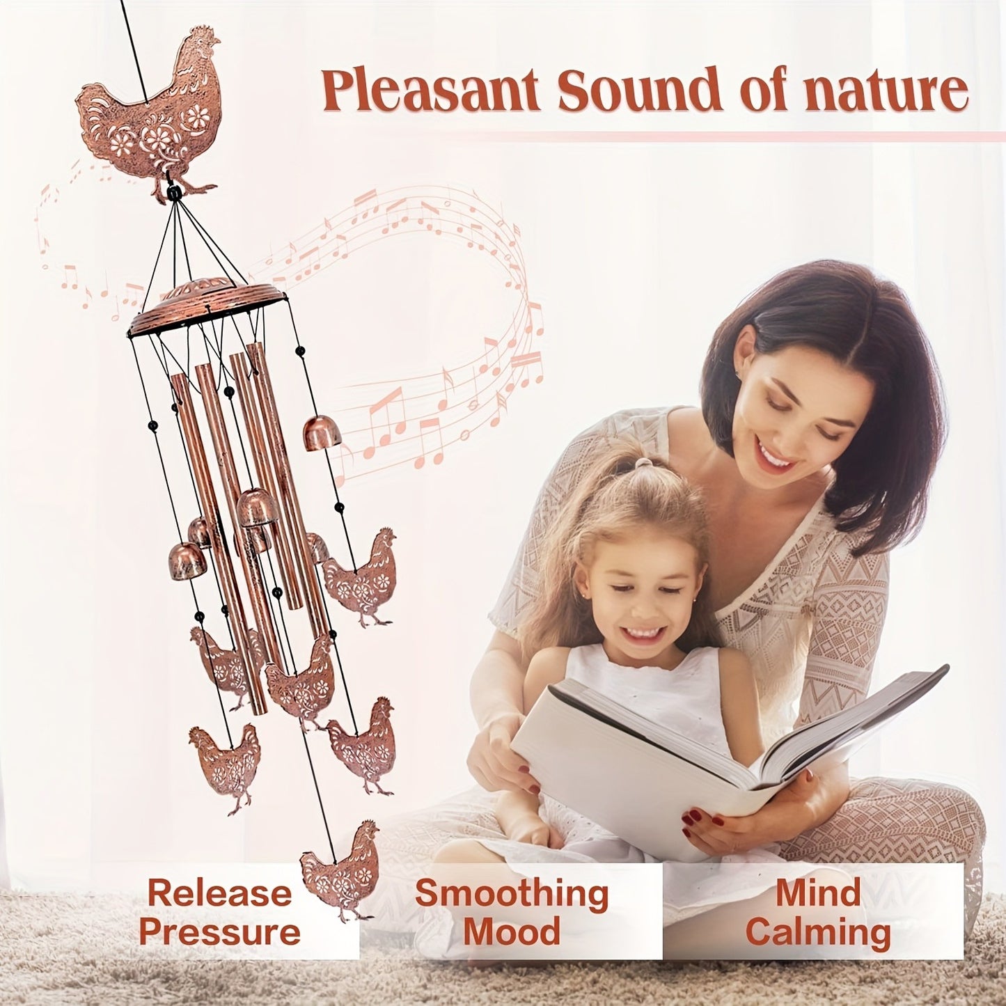 Wind Chime Outdoor Chicken Farmhouse Decor - Aluminum Tube Soothing Sound Garden Porch Patio Hanging Ornament