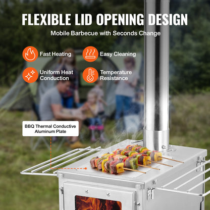 Wood Stove Camping Tent Stove 80 Inch Stainless Steel, 700in³ Firebox, 8 Accessories, BBQ Grill Plate, Chimney Pipes, Portable Outdoor Heating & Cooking, 11.71 lbs