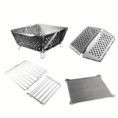 Wood Burning Camp Stove Portable Stainless Steel | Mini Folding Charcoal BBQ Grill | Lightweight Camping Wood Stove Burner | Outdoor Hiking Backpacking Accessory, 670g