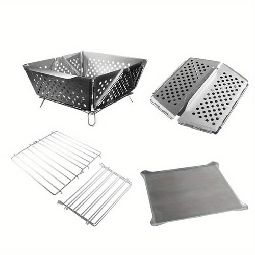 Wood Burning Camp Stove Portable Stainless Steel | Mini Folding Charcoal BBQ Grill | Lightweight Camping Wood Stove Burner | Outdoor Hiking Backpacking Accessory, 670g
