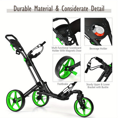 Golf Push Cart 3 Wheel Folding – Lightweight Aluminum Golf Trolley with Scoreboard, Adjustable Handle & Swivel Front Wheel