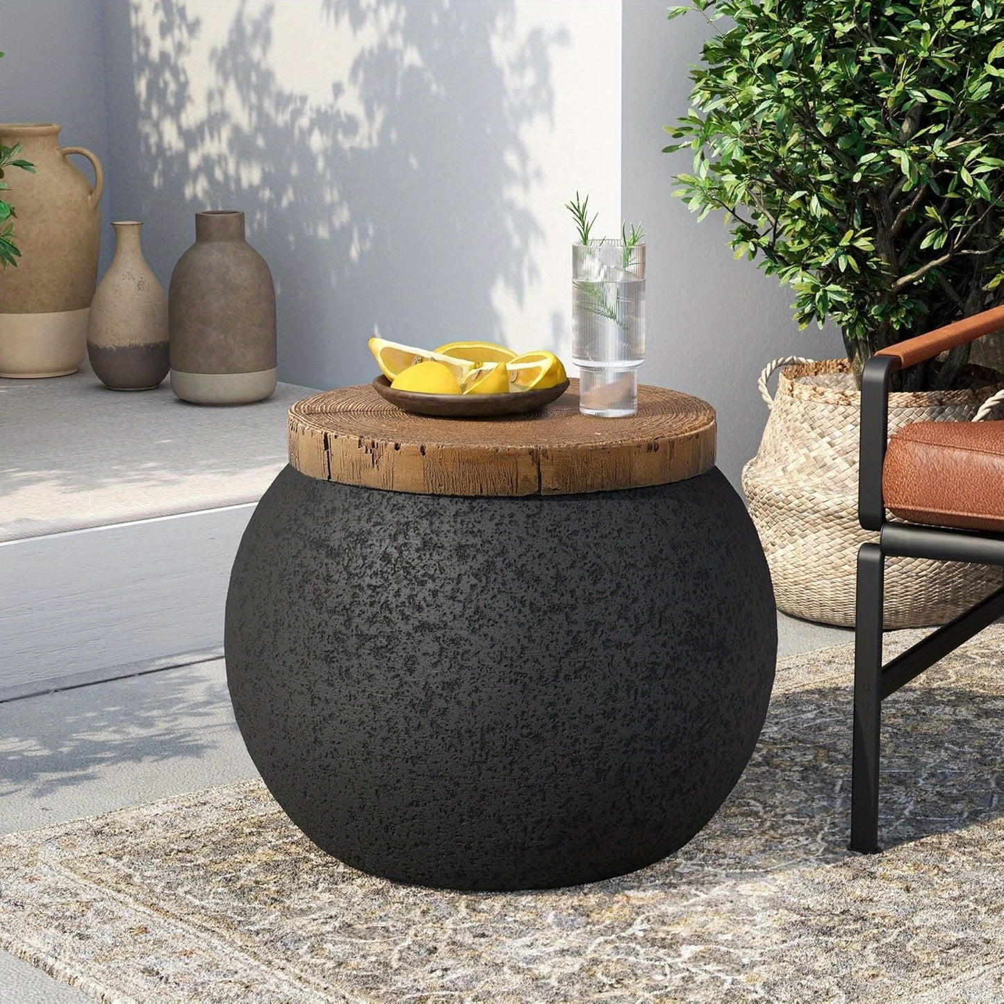 Outdoor Side Table 17in Concrete with Wood-Look Top, Accent End Table for Patio, Garden Stool for Living Room, Bedroom, Backyard Decor, Black & Hourglass Style