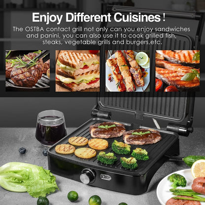 Panini Press Grill Indoor Sandwich Maker 4 Slice – Non-Stick 1200W Electric Grill with Temperature Control, 180° Opening, Removable Drip Tray | Countertop Steak & BBQ Grill
