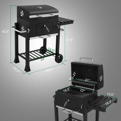 Large Charcoal Grill with Smoker, Height-Adjustable Charcoal Pan, Dual Air Dampers, Built-In Thermometer, Foldable Side Table & Wheels – Heavy-Duty Outdoor BBQ Grill for Patio & Backyard