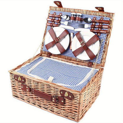 Wicker Picnic Basket for 4 with Insulated Cooler – Large Willow Hamper Set with Cutlery, Ceramic Plates, Wine Glasses for Camping, BBQ & Outdoor Gatherings