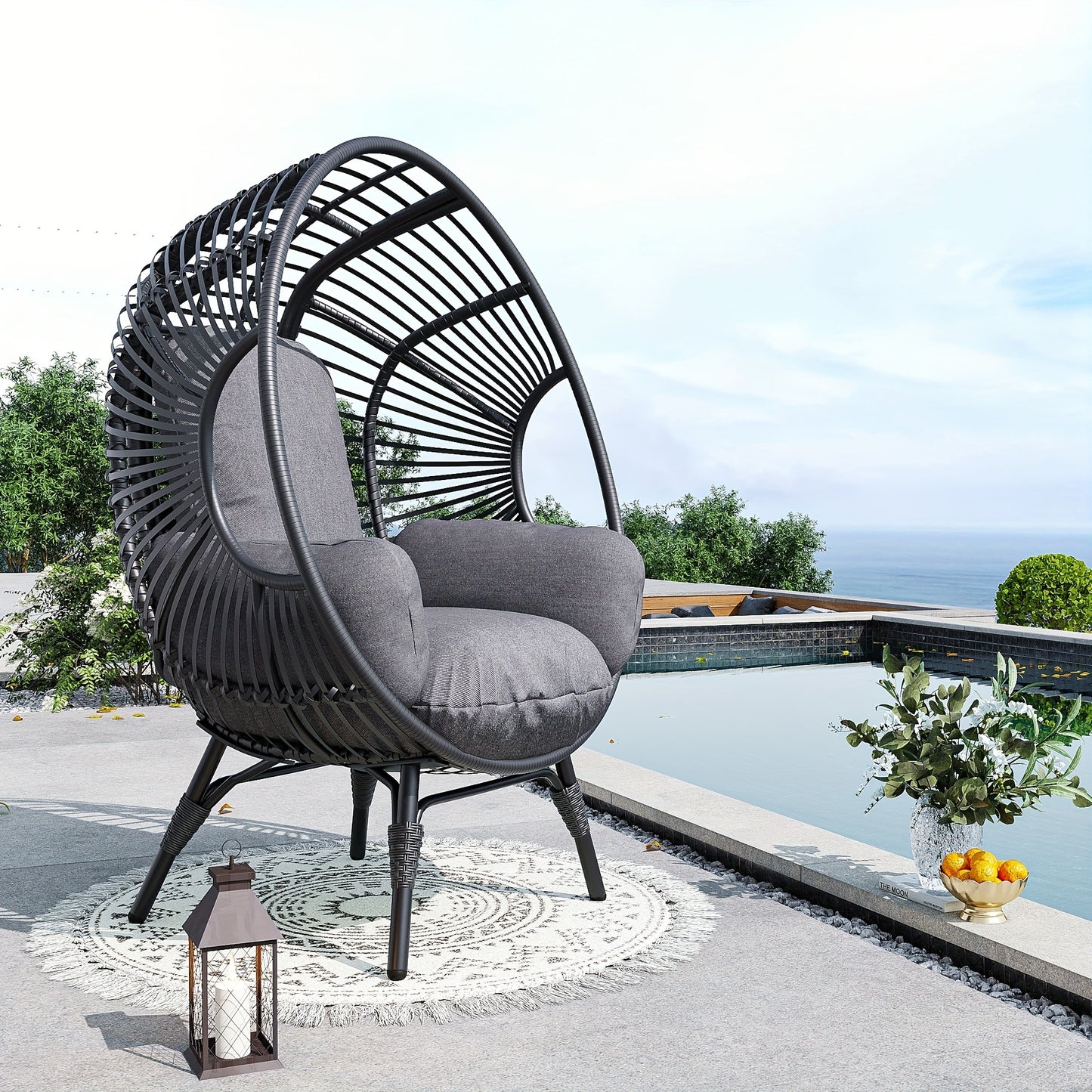 Egg Chair Outdoor Wicker Oversized Hanging Basket Chair with Stand & Cushion 500LBS Capacity UV-Resistant Rattan Style Patio Lounge Chair for Garden Backyard Balcony Porch Beige Black