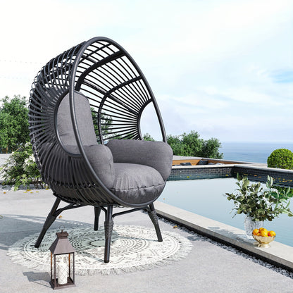 Egg Chair Outdoor Wicker Oversized Hanging Basket Chair with Stand & Cushion 500LBS Capacity UV-Resistant Rattan Style Patio Lounge Chair for Garden Backyard Balcony Porch Beige Black