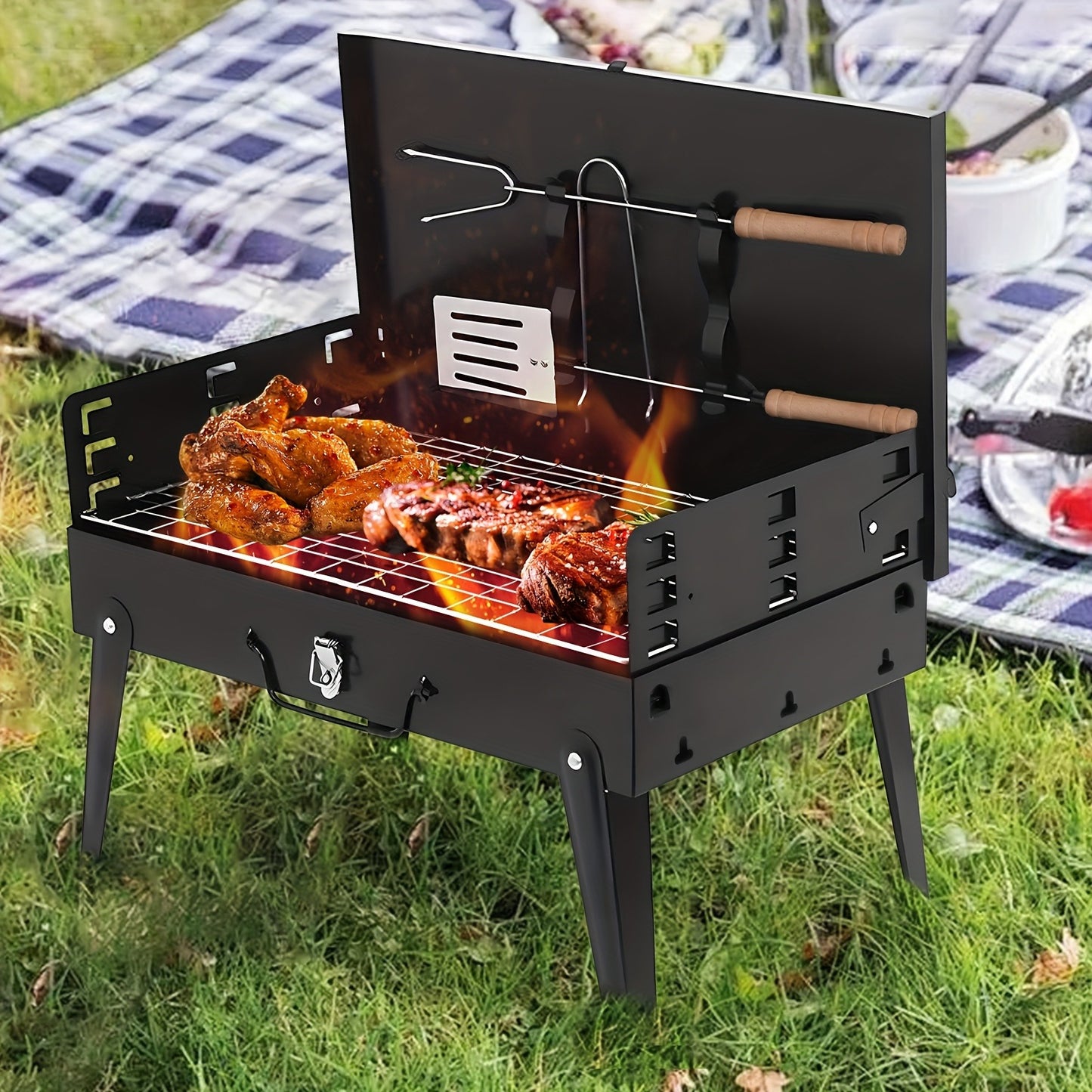 Charcoal Grill Portable BBQ with Hood – Foldable Compact Outdoor Barbecue Grill for Camping Tailgating Picnic Backyard Cookouts | Lightweight Steel with Accessories Included
