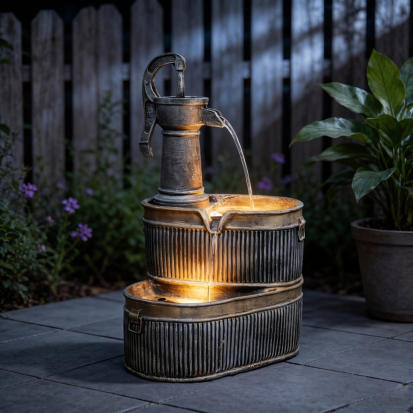 Outdoor Water Fountain 2-Tier Barrel with LED Light & Pump - Rustic Resin Garden Fountain for Patio, Yard & Deck Decor, Bronze Finish, Continuous Flow