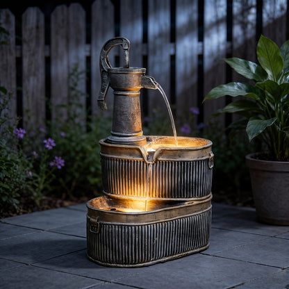 Outdoor Water Fountain 2-Tier Barrel with LED Light & Pump - Rustic Resin Garden Fountain for Patio, Yard & Deck Decor, Bronze Finish, Continuous Flow