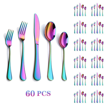 Flatware Set 60 Piece Rainbow Stainless Steel Cutlery 430 Mirror Polish Dishwasher Safe Knife Fork Spoon for Camping Picnic Travel Party Outdoor Dining Serves 12