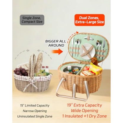 Wicker Picnic Basket for 2 with Insulated Cooler Compartment, Stainless Steel Cutlery Set, Ceramic Plates, Wine Glasses & Cheese Board – Outdoor Dining Hamper
