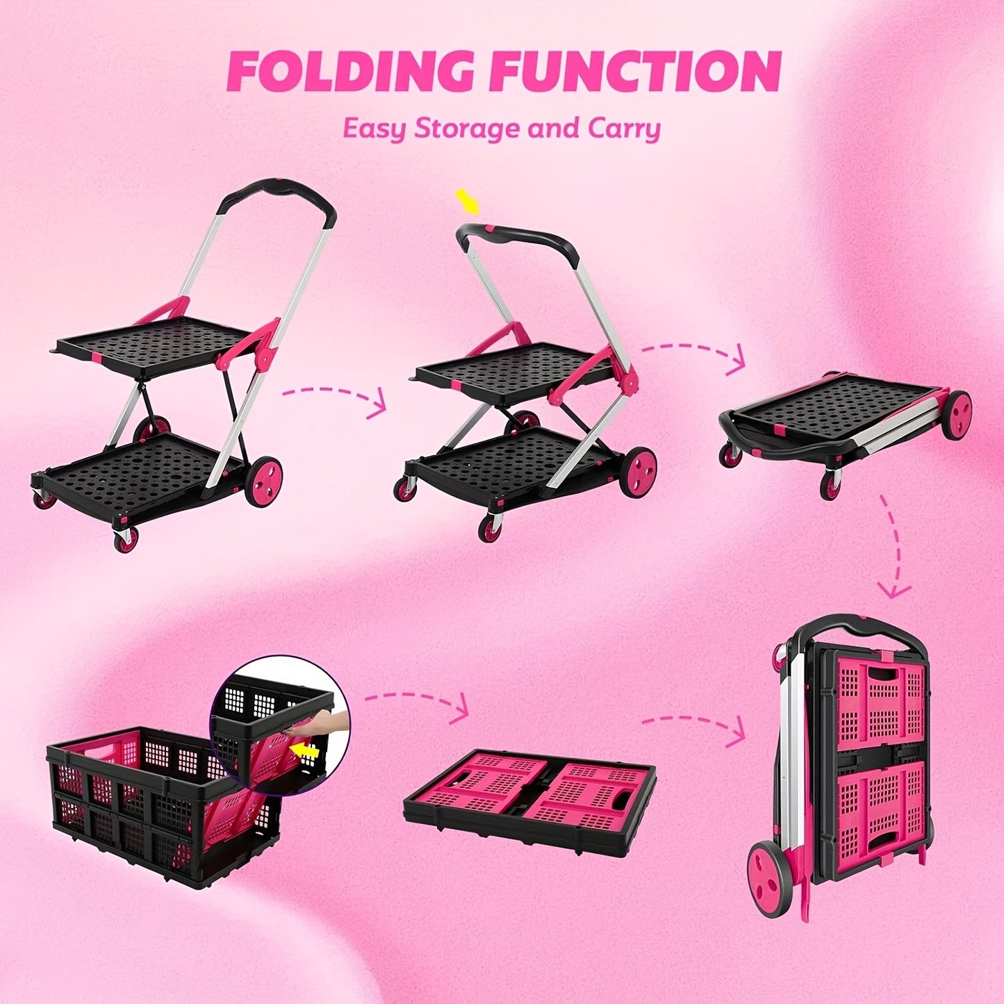 Collapsible Utility Cart 200 lb Heavy Duty Foldable Shopping Trolley 4-Wheel 360° Swivel Locking Brake Lightweight Portable Dolly for Grocery Mall Camping Pink Purple