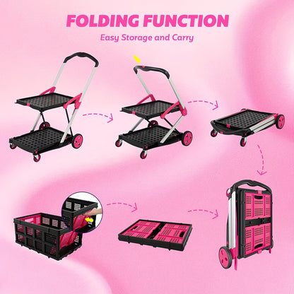 Collapsible Utility Cart 200 lb Heavy Duty Foldable Shopping Trolley 4-Wheel 360° Swivel Locking Brake Lightweight Portable Dolly for Grocery Mall Camping Pink Purple