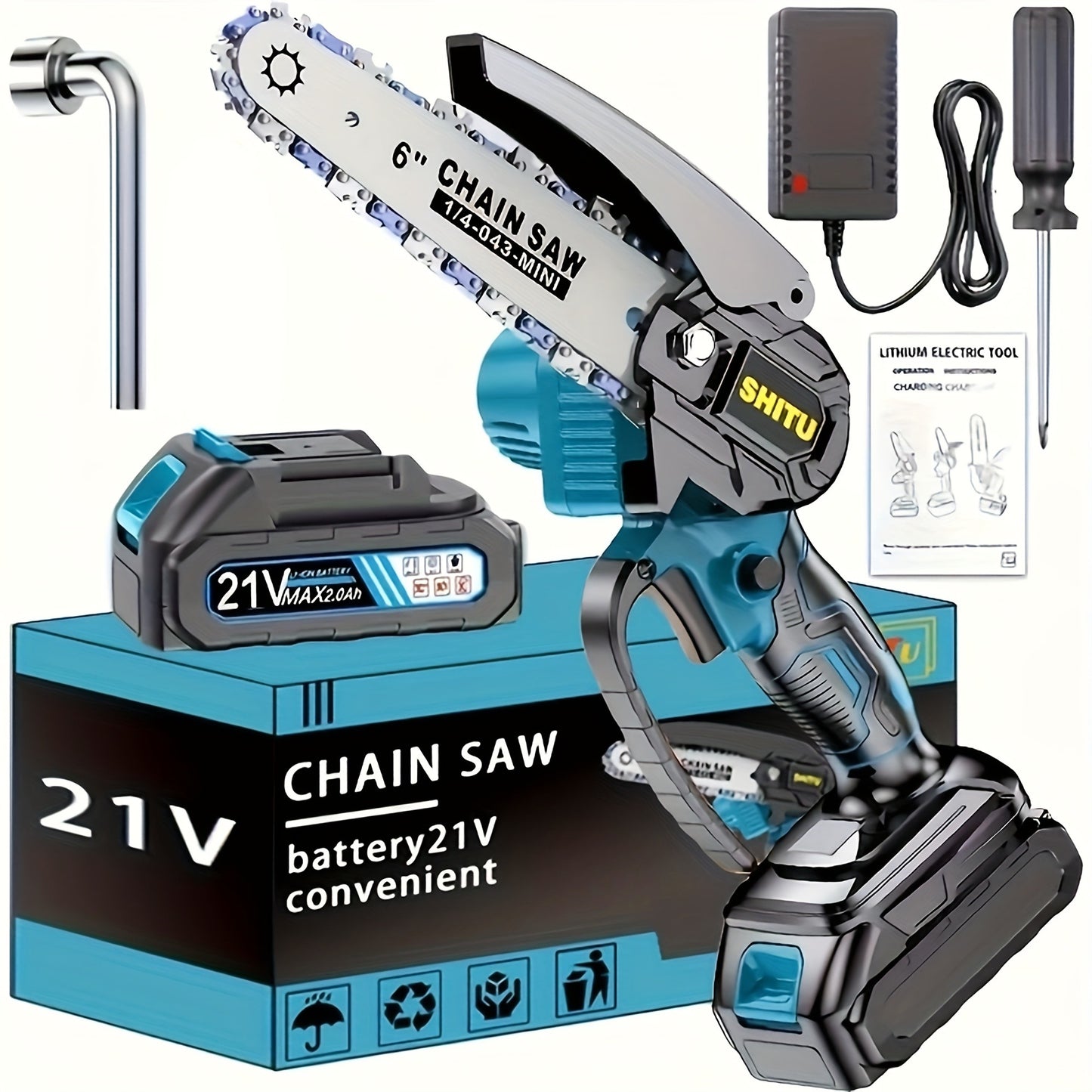 Handheld Electric Chainsaw – Mini Cordless Portable Tree Cutter with Splash Guard, Security Lock, Rechargeable Battery Options, Garden & Yard Gift for Men