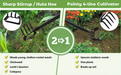 Hula Hoe 2-in-1 Dual Head Stirrup Loop Hoe & 4-Tine Cultivator Rake Heavy Duty All-Metal Long Handle 62 73 82 Inch for Weeding Aerating Loosening Soil