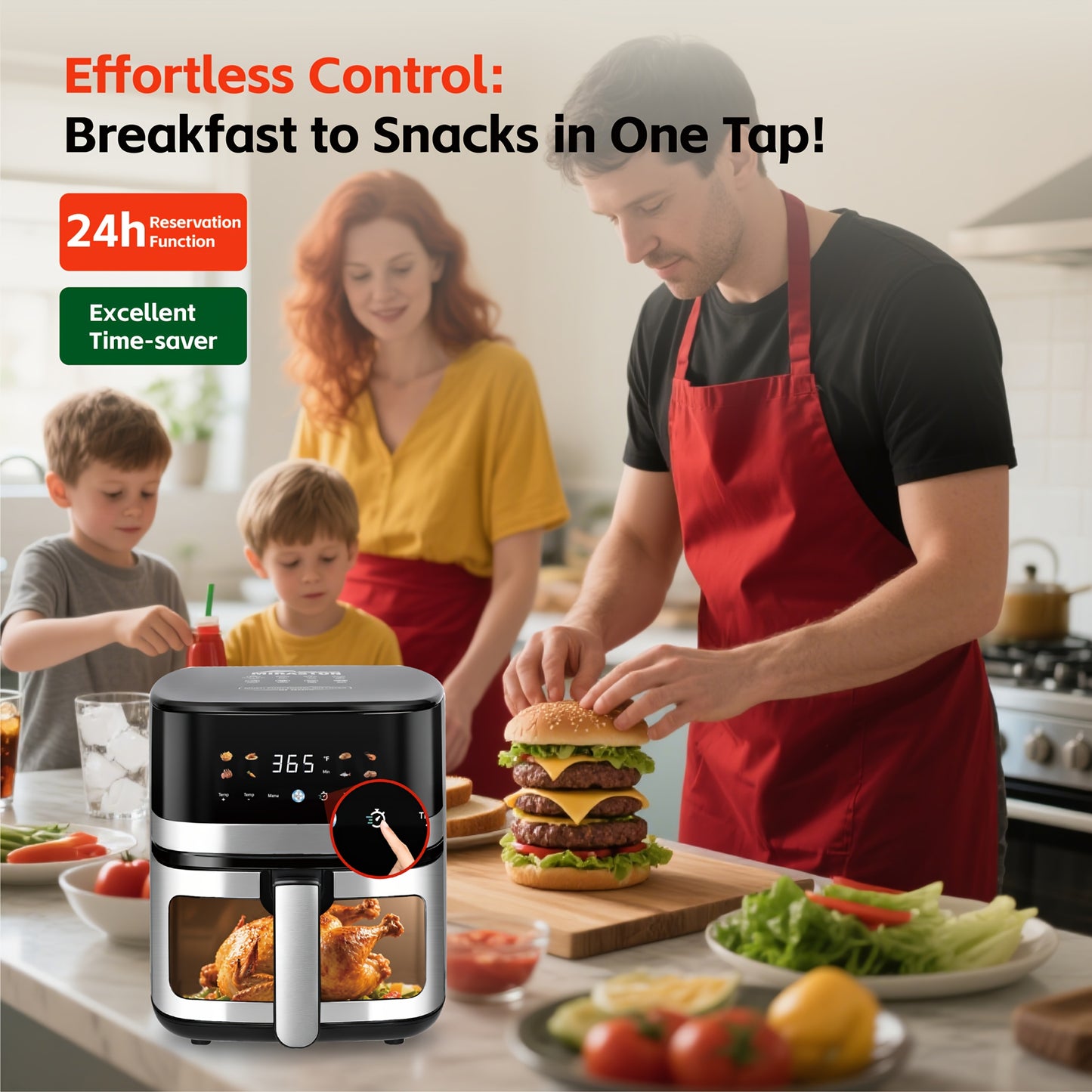 Air Fryer 5.8Qt 1400W with Touchscreen Controls, Adjustable Time & Temperature, 8 Presets for Air Fry, Roast & Reheat – Compact Lightweight Design for Dorm, Apartment & Office Kitchen