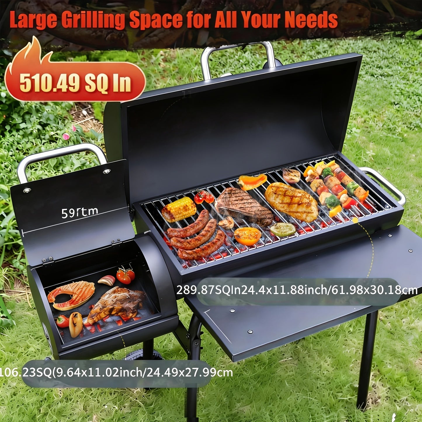 Charcoal Grill with Offset Smoker, Barrel BBQ Smoker Grill Combo for Backyard & Patio, Heavy-Duty Outdoor Charcoal Smoker with Side Firebox for Smoking, Grilling & BBQ Parties