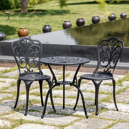 Patio Bistro Set 3 Piece Cast Aluminum Outdoor Table and 2 Chairs with Umbrella Hole All Weather Front Porch Balcony Furniture Set Black