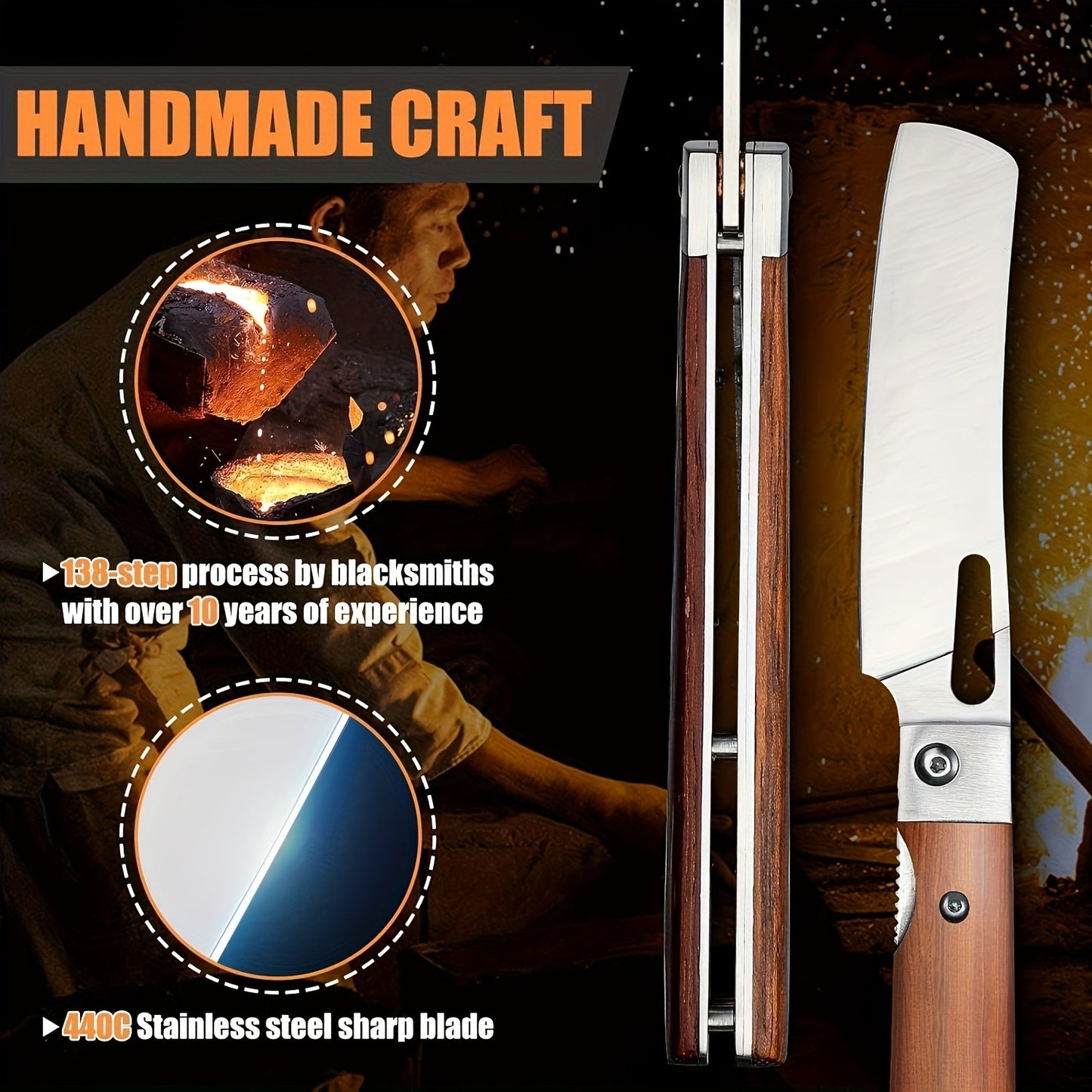 Folding Knife Nakiri 440C Stainless Steel – Ultra-Sharp Portable Chef Knife with Cocobolo Wood Handle & Liner Lock | Handcrafted Camping BBQ Kitchen Vegetable Knife Gift 12-Month Warranty